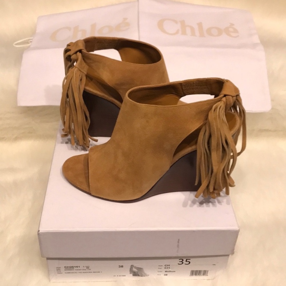 Chloe Camel Suede Tasseled Slingback Wedge Sandals